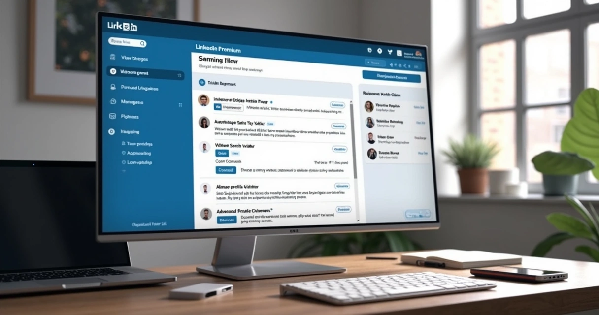 Tela detalhada do LinkedIn Premium mostrando mensagens InMail, filtros avançados de busca e visualização de visitantes no perfil