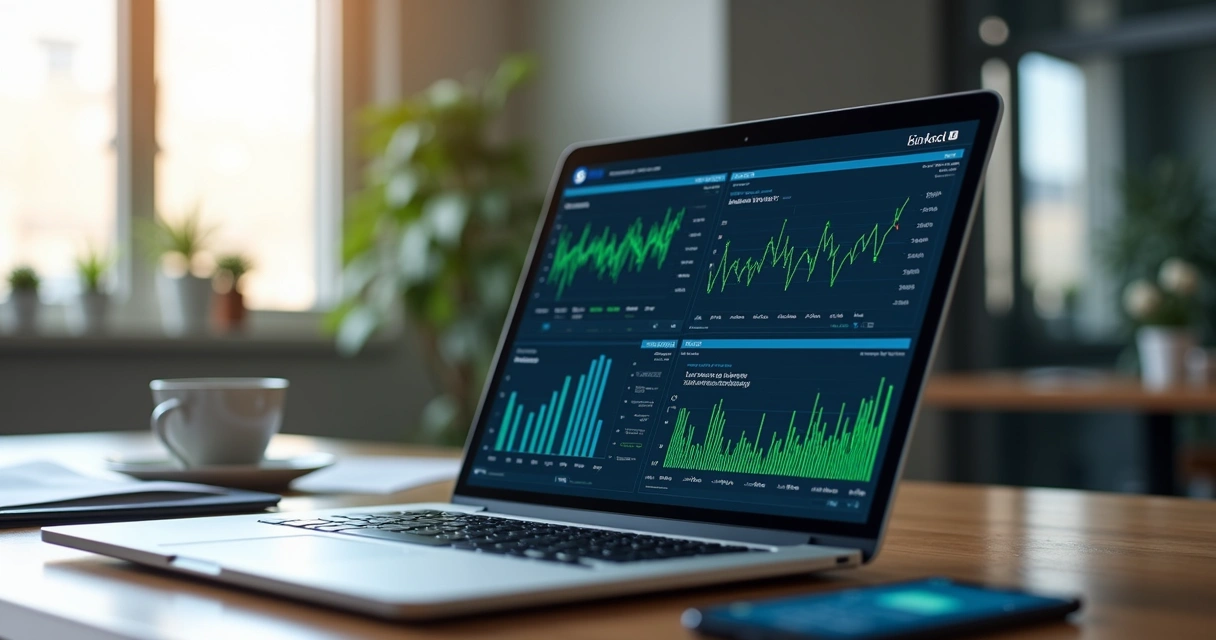 Computador com tela mostrando gráficos de ROI e métricas de campanhas automatizadas no LinkedIn