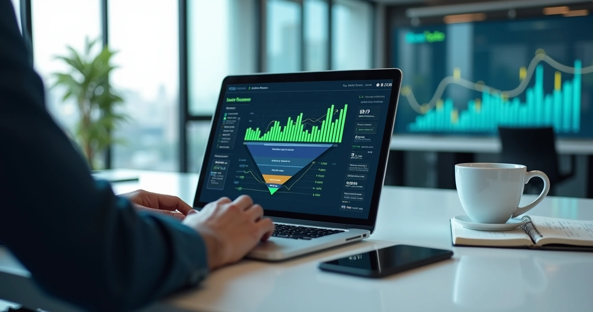 Executivo analisando funil de vendas digital com leads crescendo em painel no notebook