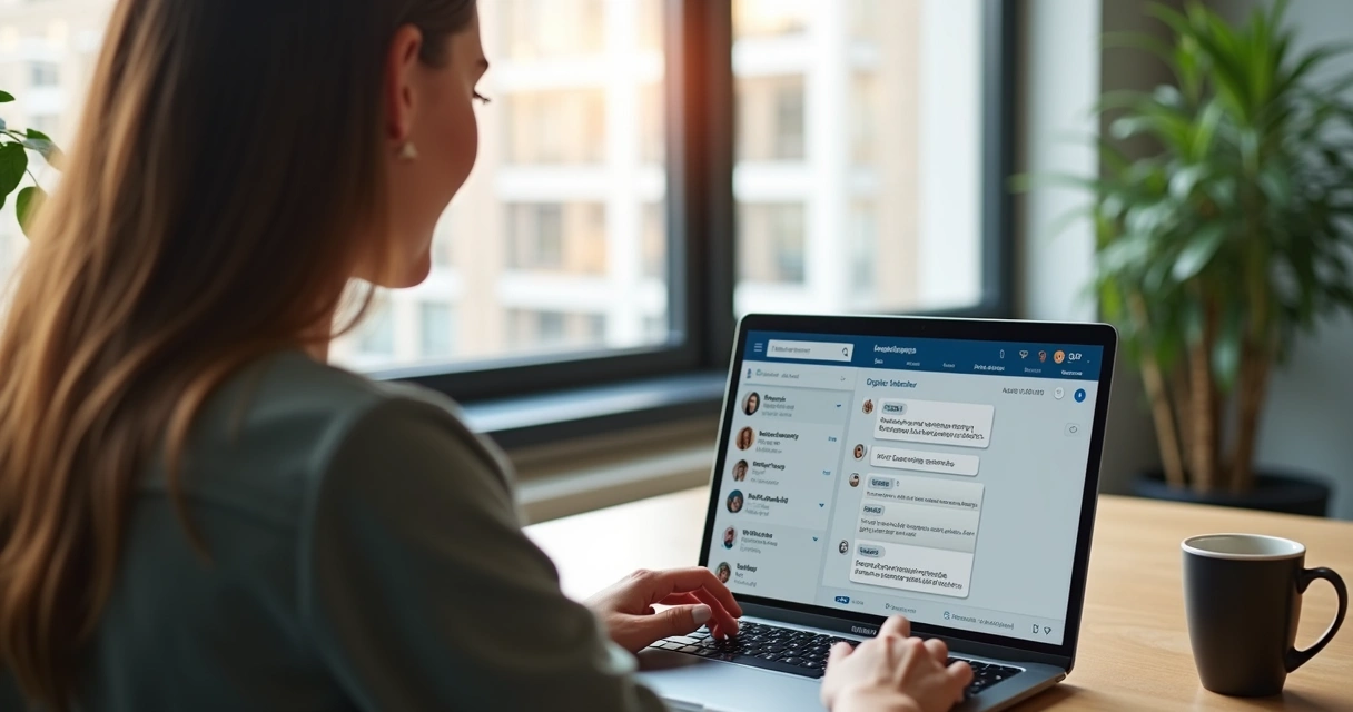 Pessoa usando laptop mostrando tela de mensagens do LinkedIn no modo de agendamento automático de reuniões