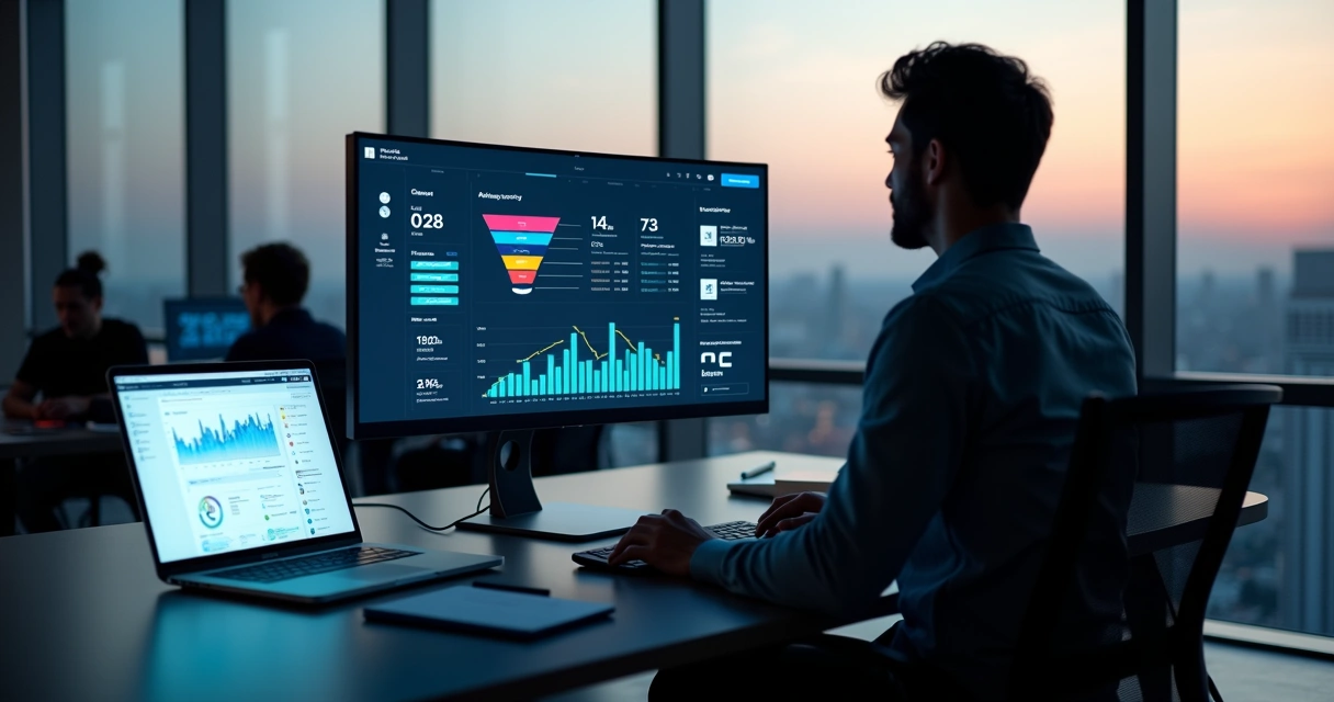 Gestor analisando funil de vendas B2B automatizado em tela com gráficos e dados