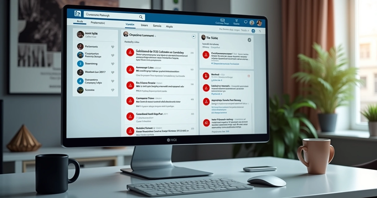 Tela de computador exibindo comentários automatizados no LinkedIn com alertas de risco destacados