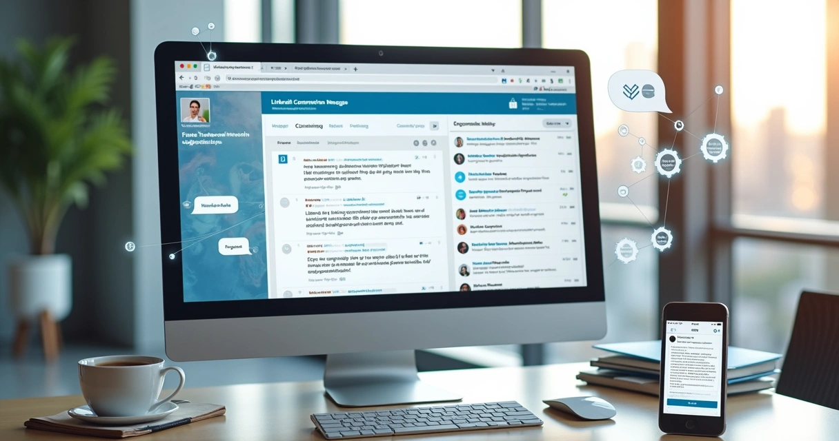 Tela de computador mostrando automação de mensagens no LinkedIn com conversas de negócios B2B na tela e elementos gráficos de tecnologia e mensagens digitais