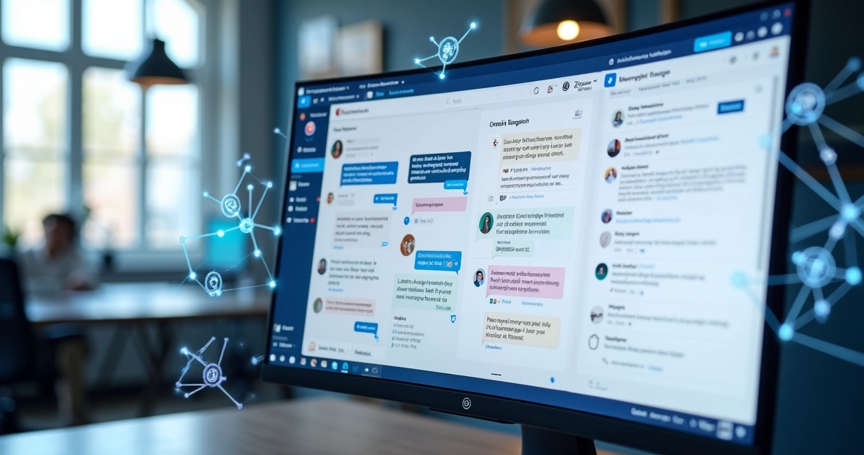 Computador mostrando fluxo automatizado de mensagens no LinkedIn com integração Manychat e Zapier em tela dividida detalhada