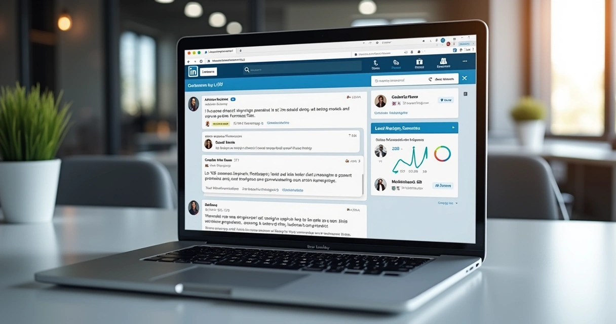 Computador mostrando tela do LinkedIn com mensagens automáticas personalizadas e gráficos de engajamento