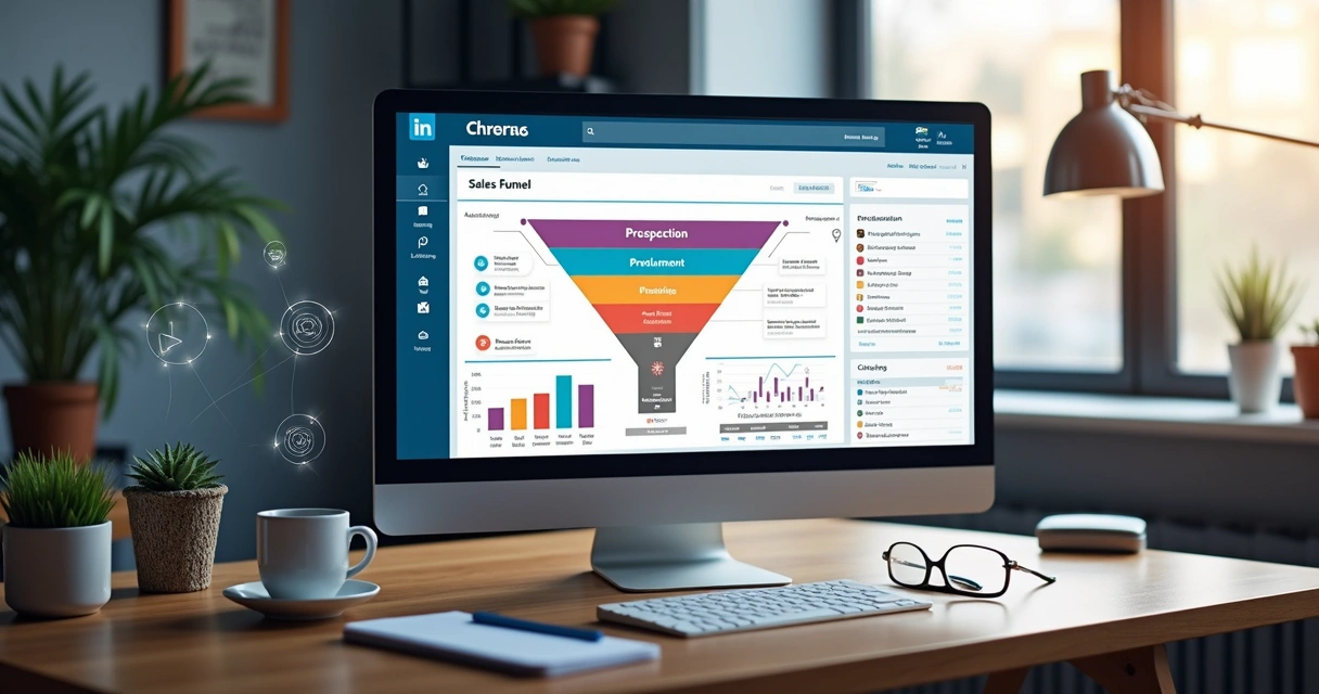 Interface detalhada mostrando funil de vendas com automação no LinkedIn em tela de computador