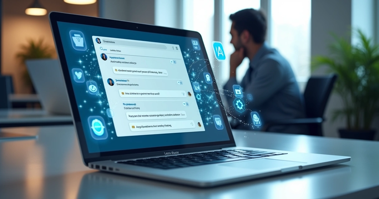 Representação realista de automação com inteligência artificial integrando conversas e mensagens no LinkedIn