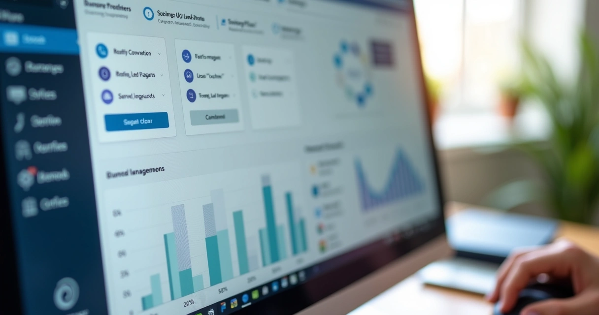 Tela de computador exibindo interface de automação de mensagens no LinkedIn com gráficos de engajamento e conversa iniciada automaticamente