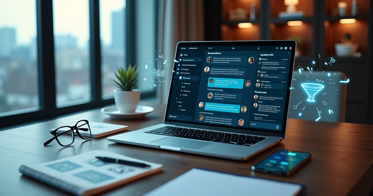 Painel com mensagens diretas automatizadas no LinkedIn em um notebook sobre mesa de trabalho moderna