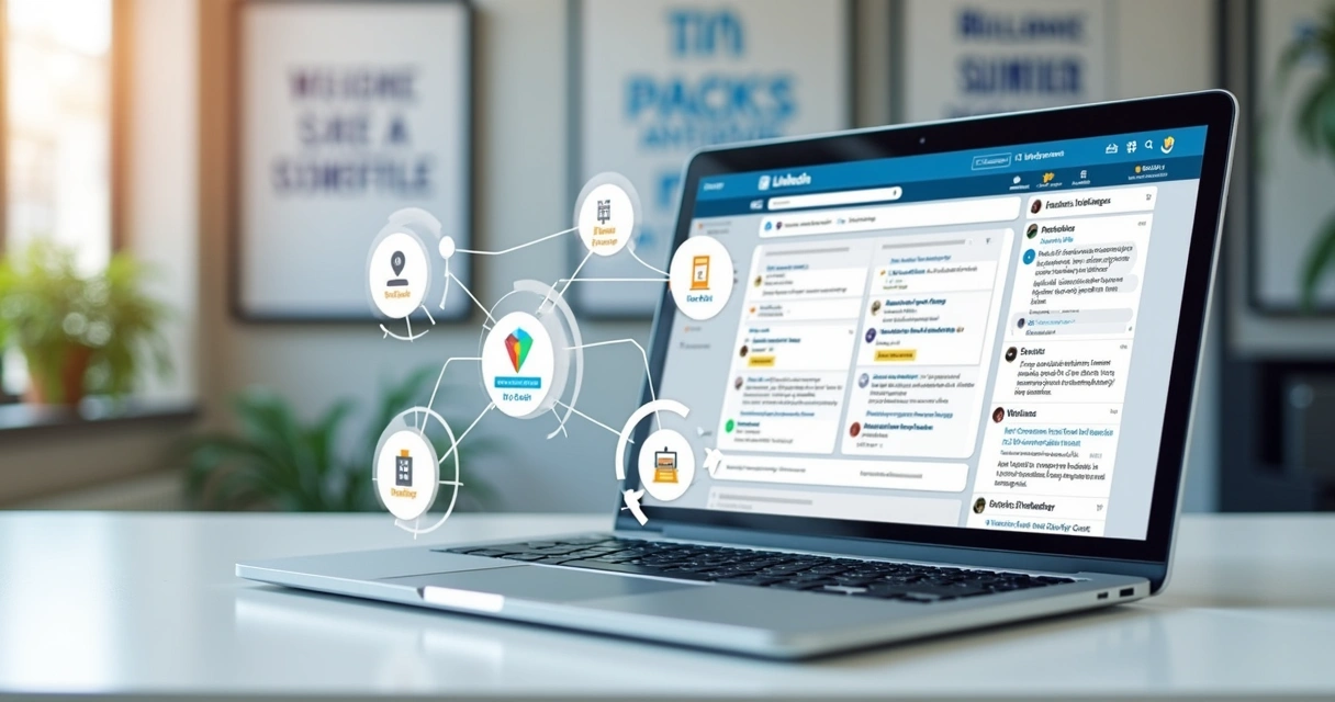 Notebook aberto mostrando interface do LinkedIn com mensagens automáticas enviando e-books e checklists