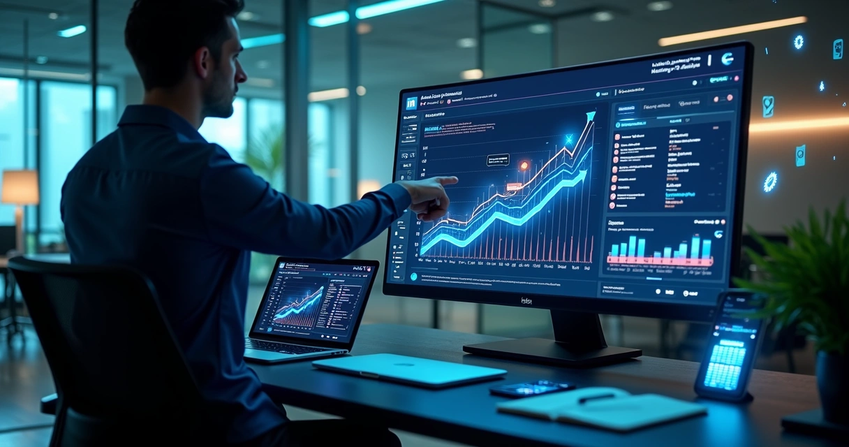 Profissional analisando automação de LinkedIn em painel com funil de vendas B2B