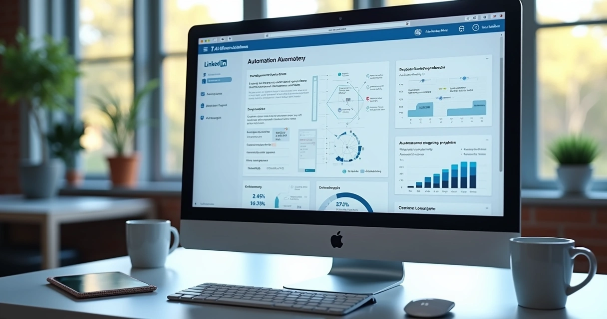 Tela de computador exibindo dashboard de automação para LinkedIn com gráficos, mensagens automáticas e fluxos de conversa