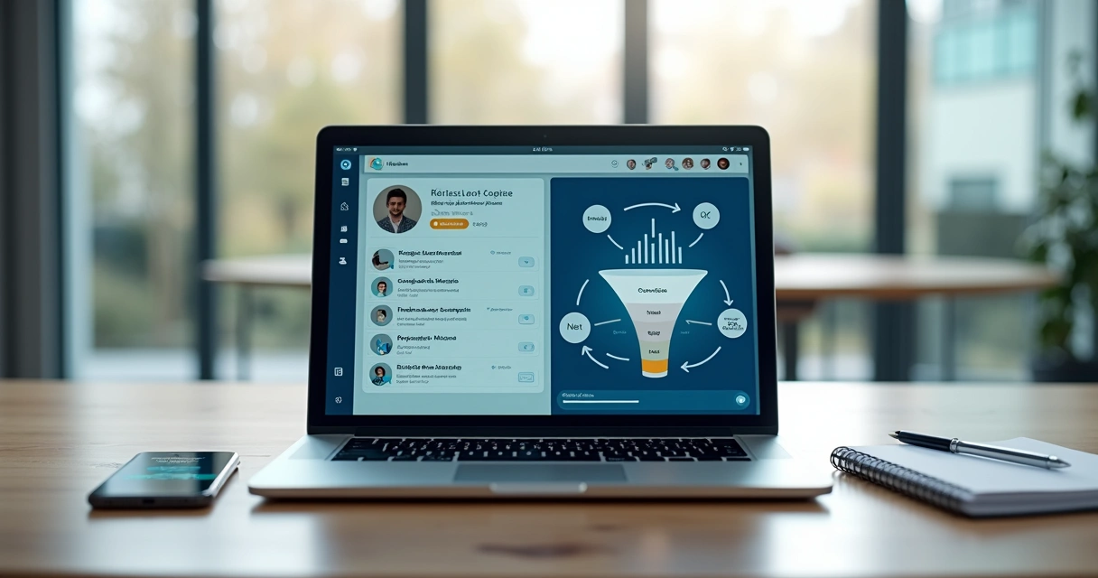 Tela de LinkedIn com automação de mensagens e funil de leads em laptop sobre mesa de escritório