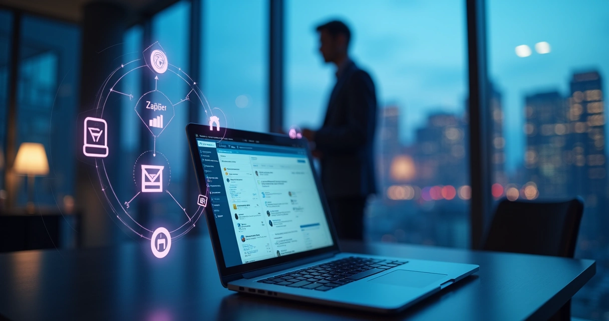 Conceito de automação B2B conectando LinkedIn ao Zapier em ambiente corporativo