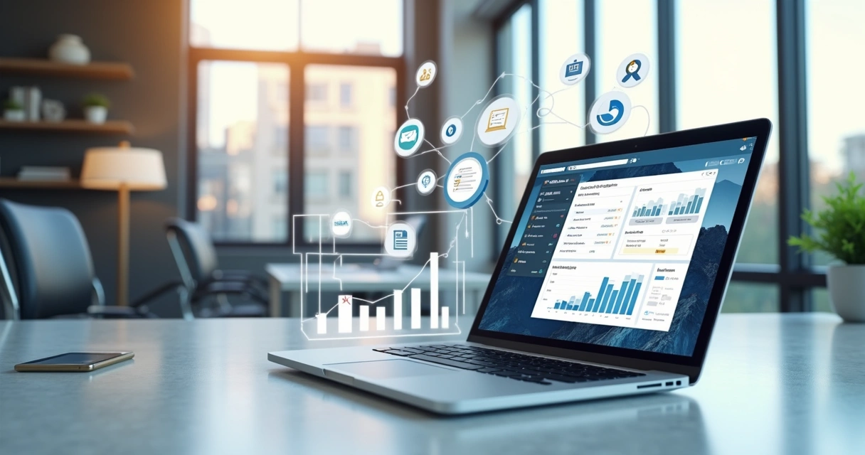 Mesa de trabalho moderna com laptop aberto exibindo interface de automação de marketing digital, com gráficos de desempenho, ícones de e-books e checklists ao redor, em ambiente corporativo com luz na