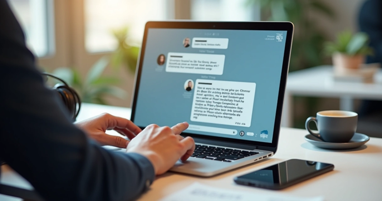 Pessoa interagindo com laptop exibindo mensagens automáticas personalizadas no LinkedIn num ambiente de trabalho moderno