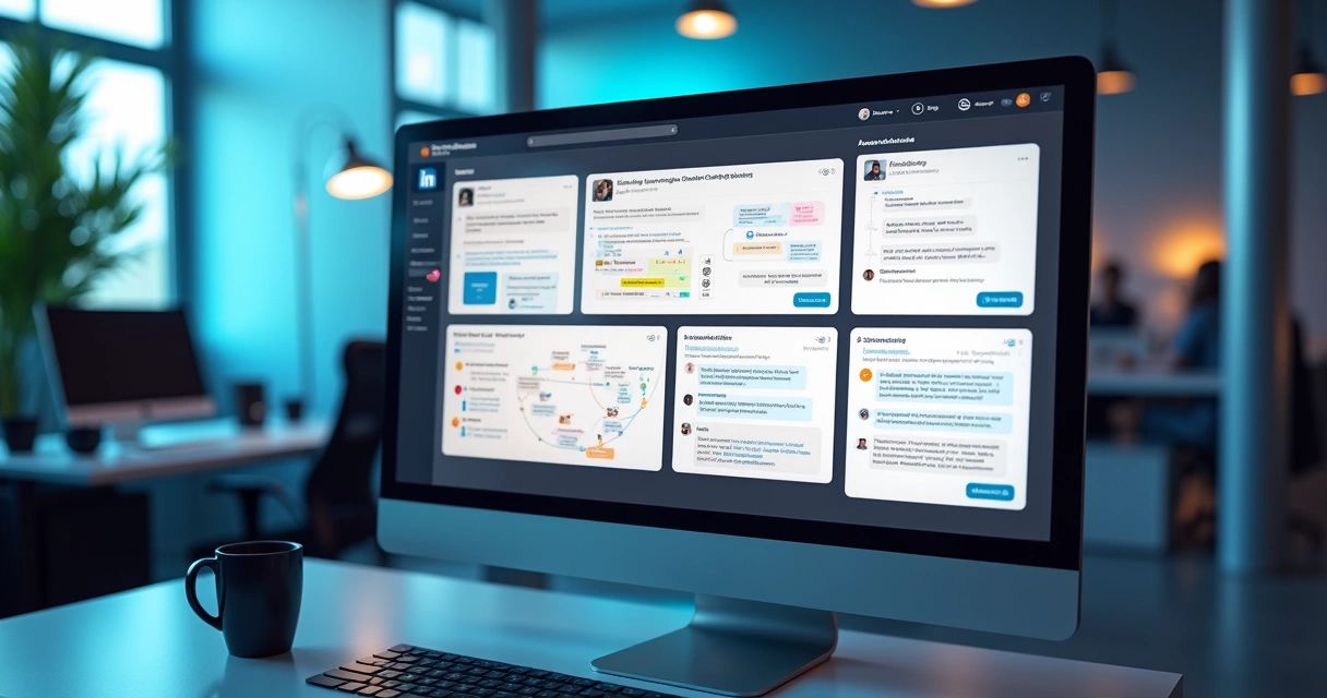 Interface digital mostrando integração de Manychat com LinkedIn e outras plataformas em um dashboard elegante e colorido