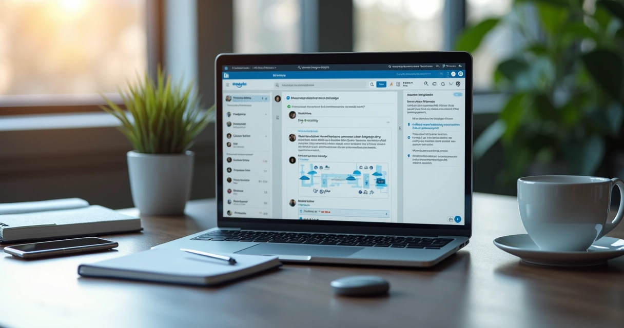 Laptop mostrando interface de automação de mensagens no LinkedIn em ambiente de escritório moderno