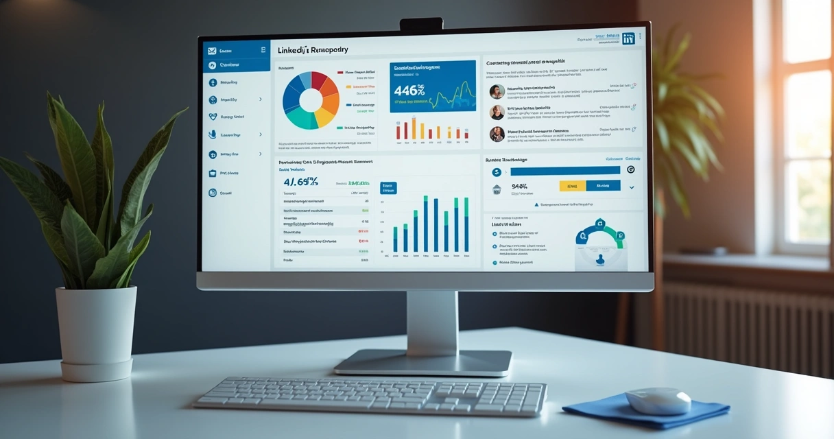 Computador exibindo painel de automação com mensagens personalizadas e interações no LinkedIn