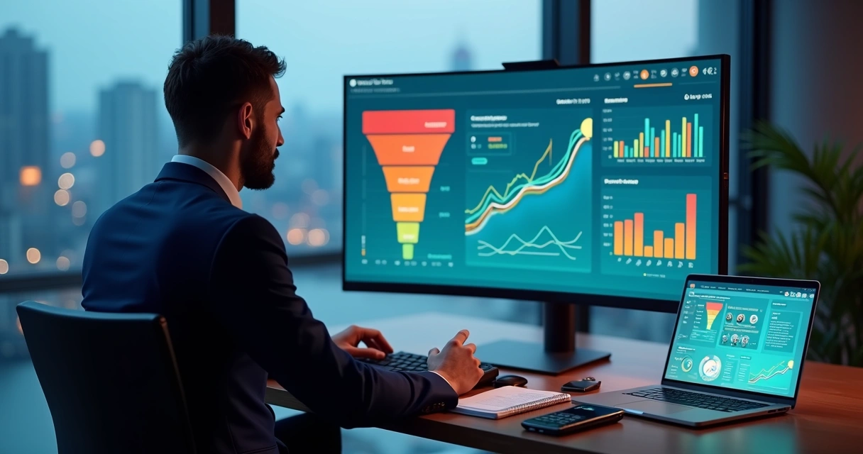 Profissional analisando funil de vendas B2B automatizado em tela com dados e gráficos