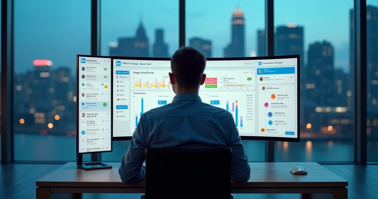 Executivo analisando funil de prospecção B2B automatizada em dashboard digital
