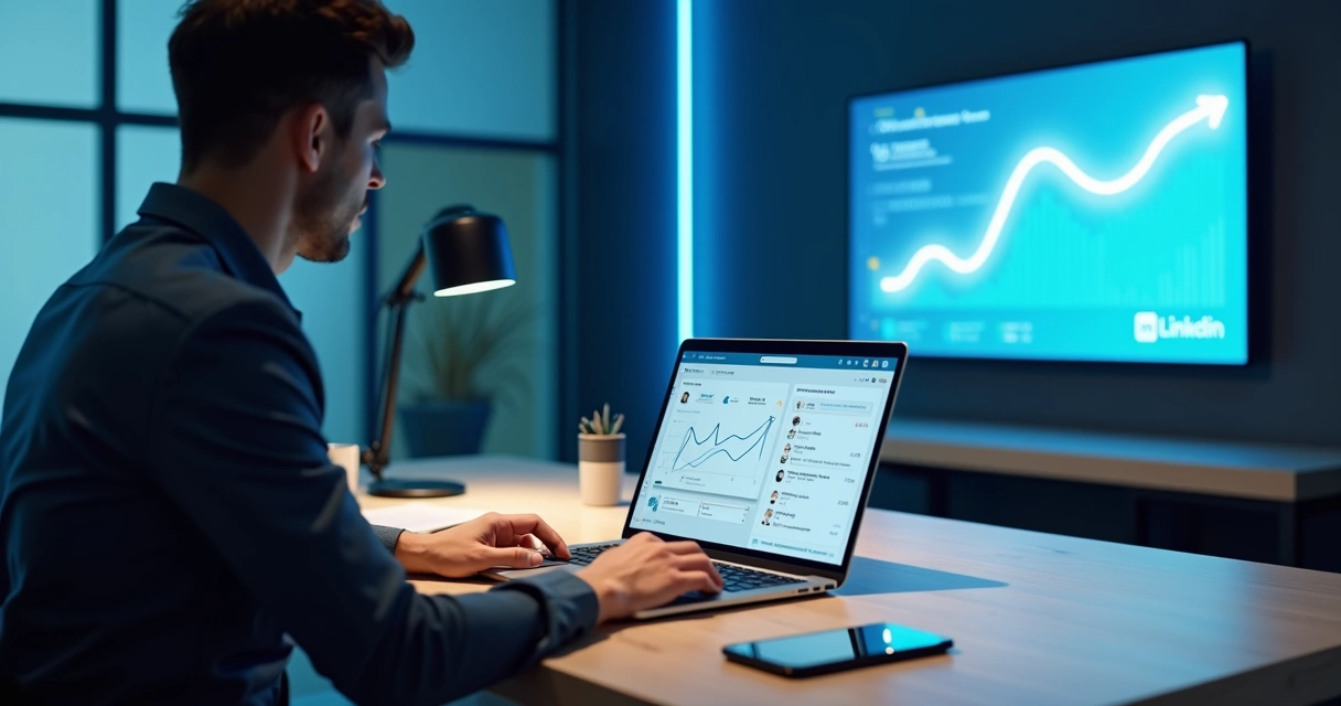 Profissional analisando painel de automação de prospecção B2B no LinkedIn