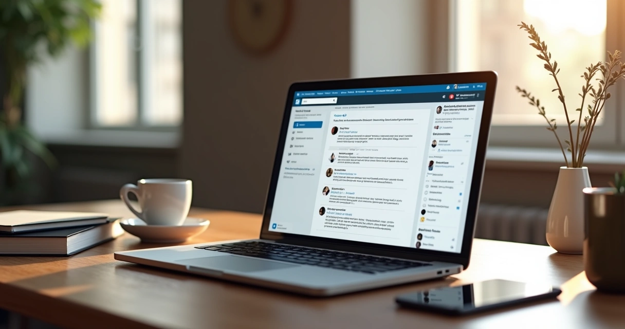 Pessoa interagindo com laptop mostrando interface de automação de mensagens no LinkedIn
