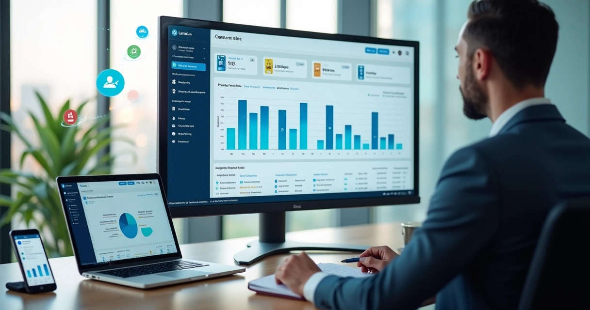 Executivo acompanhando funil de vendas B2B automatizado em tela com dados do LinkedIn