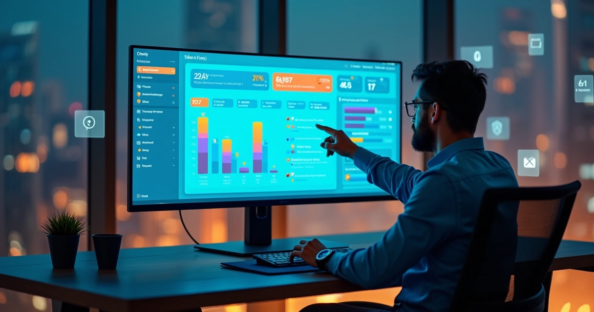 Gestor analisando funil de vendas B2B automatizado em tela com gráficos e mensagens