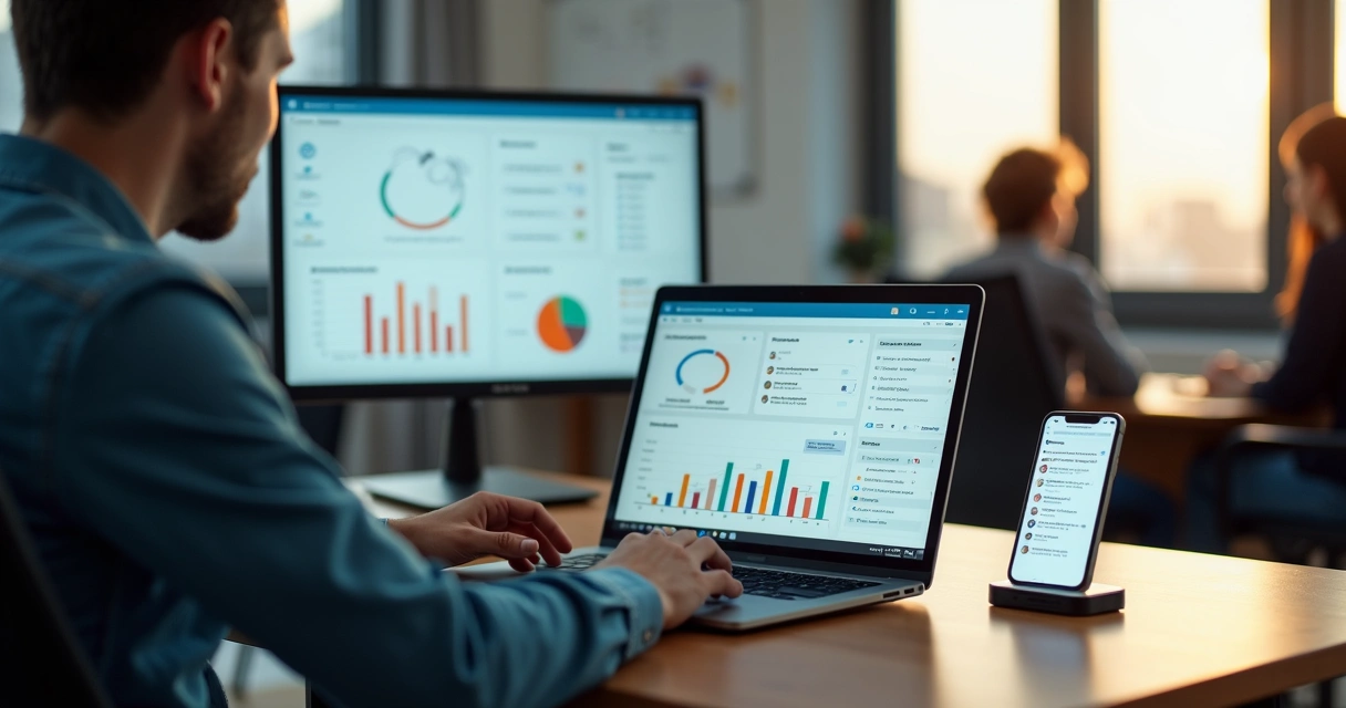 Gestor analisando painel de automação de vendas em notebook com gráficos de leads