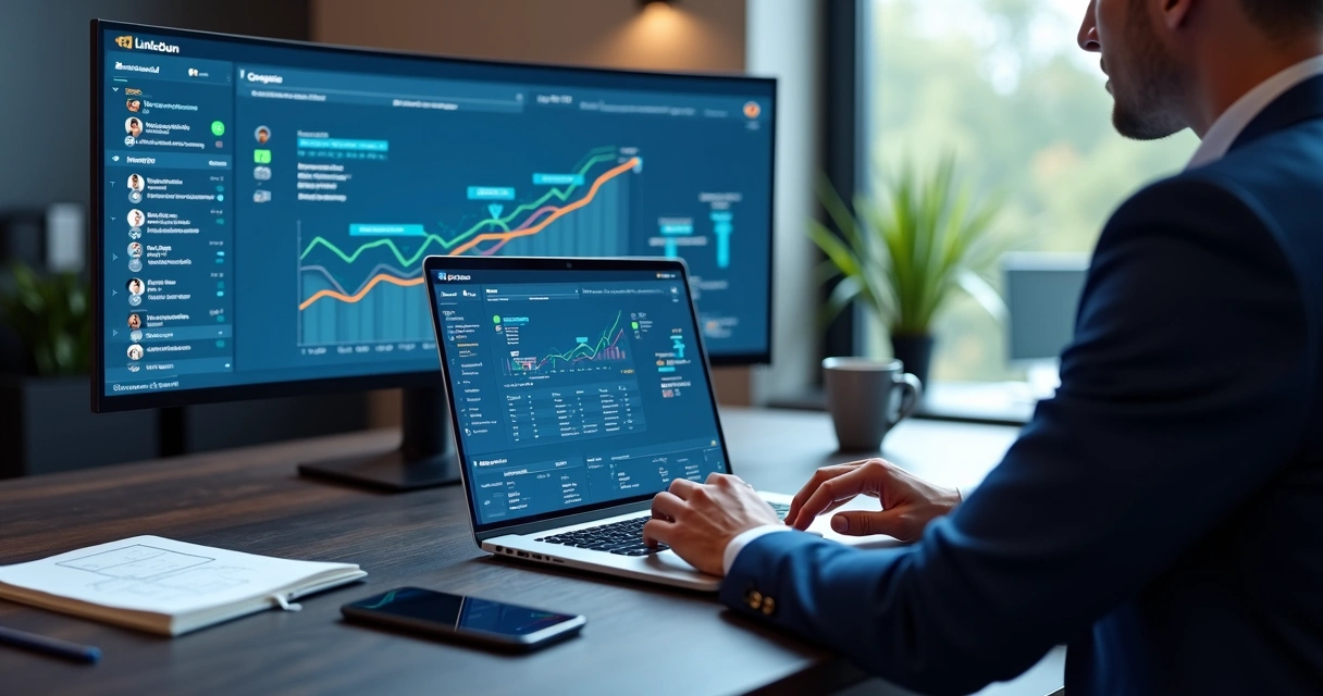 Tela com painel de vendas automatizadas e leads no LinkedIn