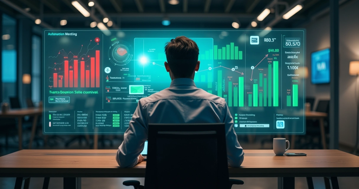 Executivo observando painel de automação de vendas no notebook com funil travado de um lado e fluxo otimizado do outro