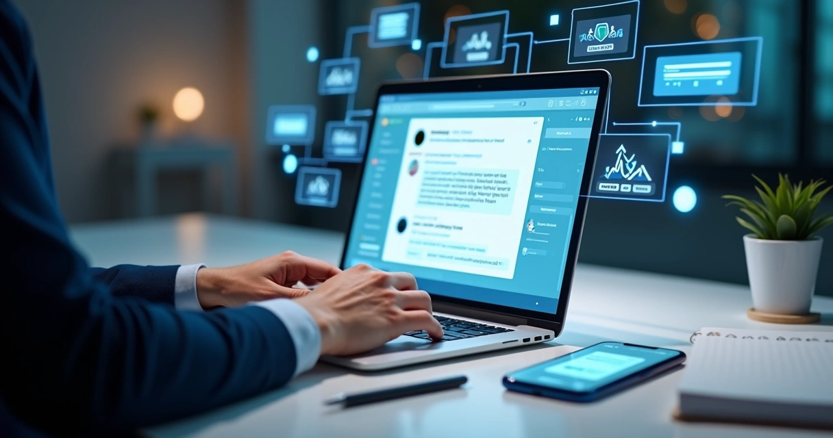 Painel de chatbot de LinkedIn gerando conversas privadas B2B em uma tela de notebook