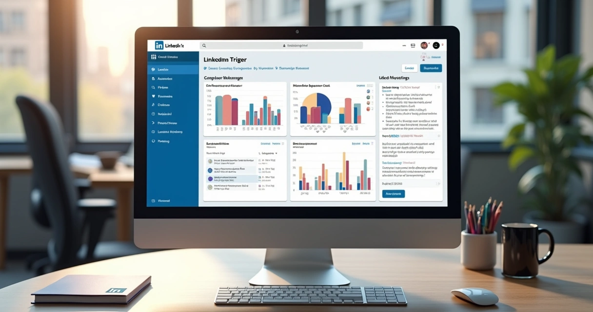 Tela de computador exibindo painel de automação com gatilhos configurados no LinkedIn, gráficos de engajamento e mensagens automatizadas em destaque