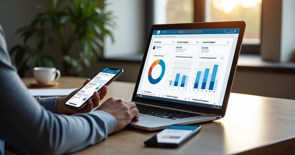 Pessoa em ambiente de trabalho analisando gráficos de engajamento no LinkedIn no laptop, com smartphone ao lado mostrando notificações e mensagens diretas no LinkedIn