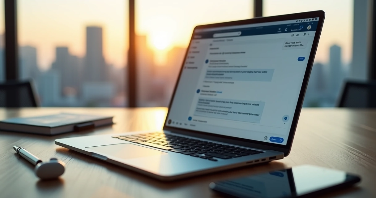 Profissional usando notebook para conversar via DM no LinkedIn em ambiente corporativo