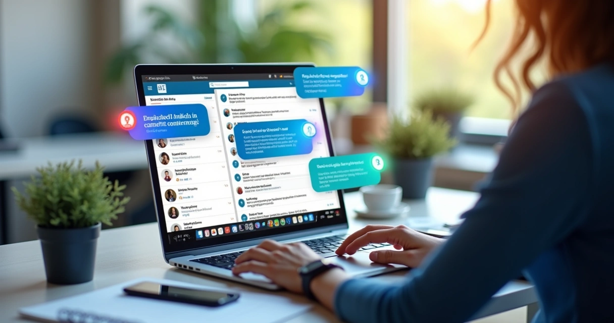 Pessoa usando laptop com interface do LinkedIn exibindo comentários e mensagens automáticas