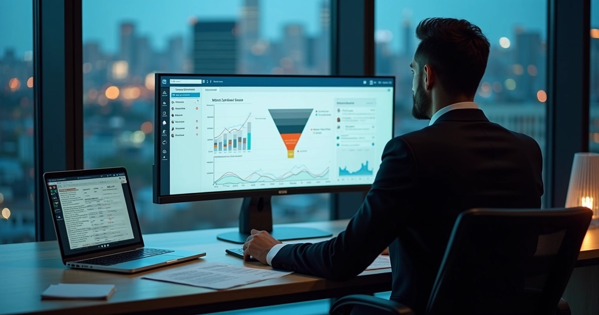 Gestor B2B olhando funil de vendas travado no computador com foco em LinkedIn e contatos limitados