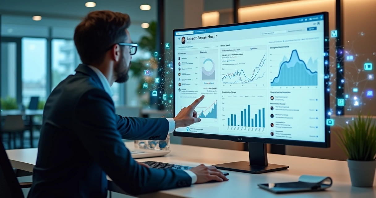 Executivo analisa painel de CRM integrado ao LinkedIn com dados de clientes B2B