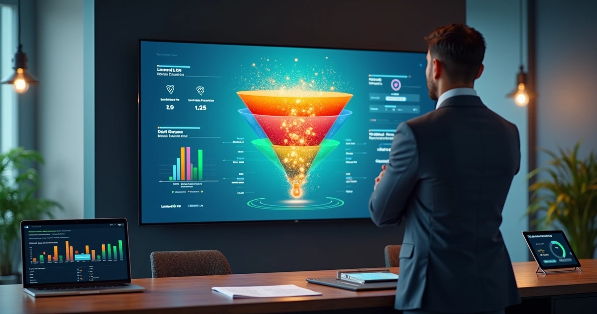 Gestor analisando funil de vendas B2B com leads caindo por buracos no funil