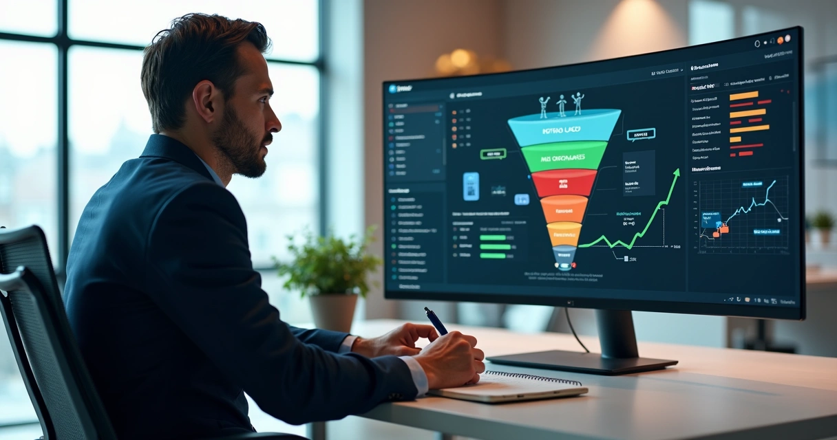 Gestor analisando funil de vendas em painel com gargalos e oportunidades em destaque
