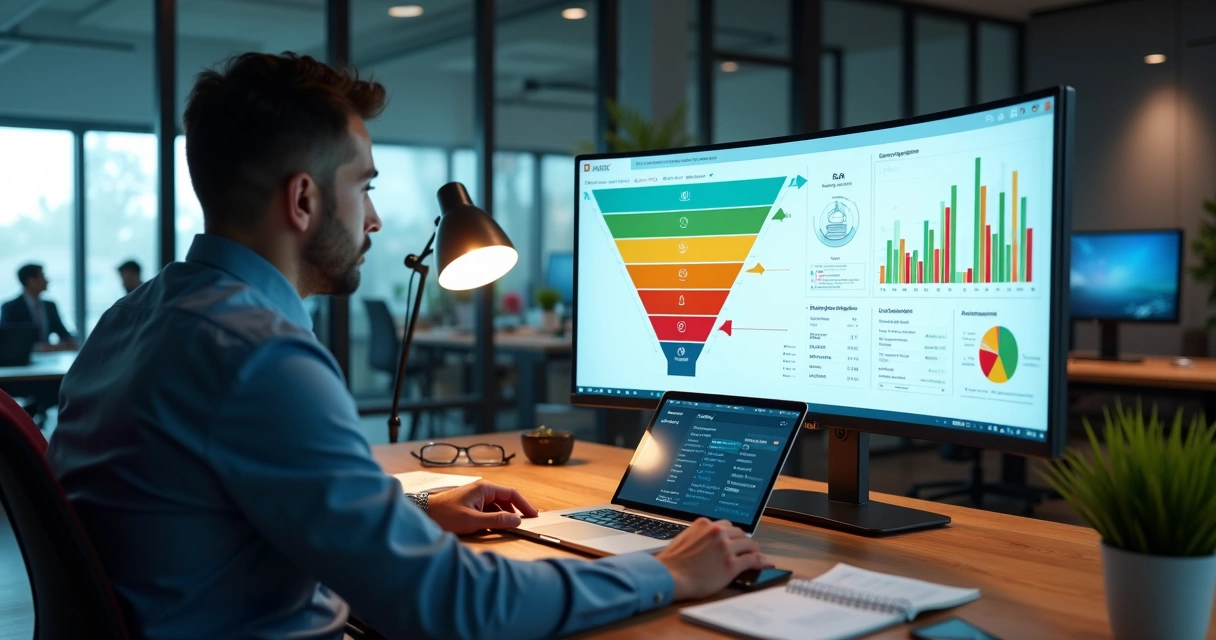 Gestor analisando funil de vendas em dashboard com gargalos de leads destacados