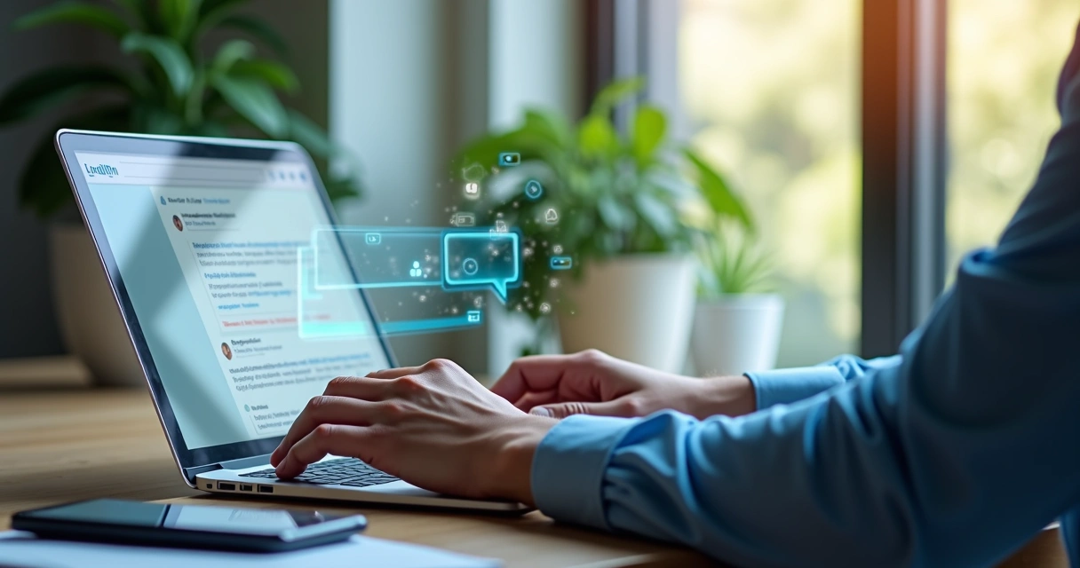 Pessoa usando laptop com interface do LinkedIn aberta, mostrando comentários e mensagens diretas em destaque