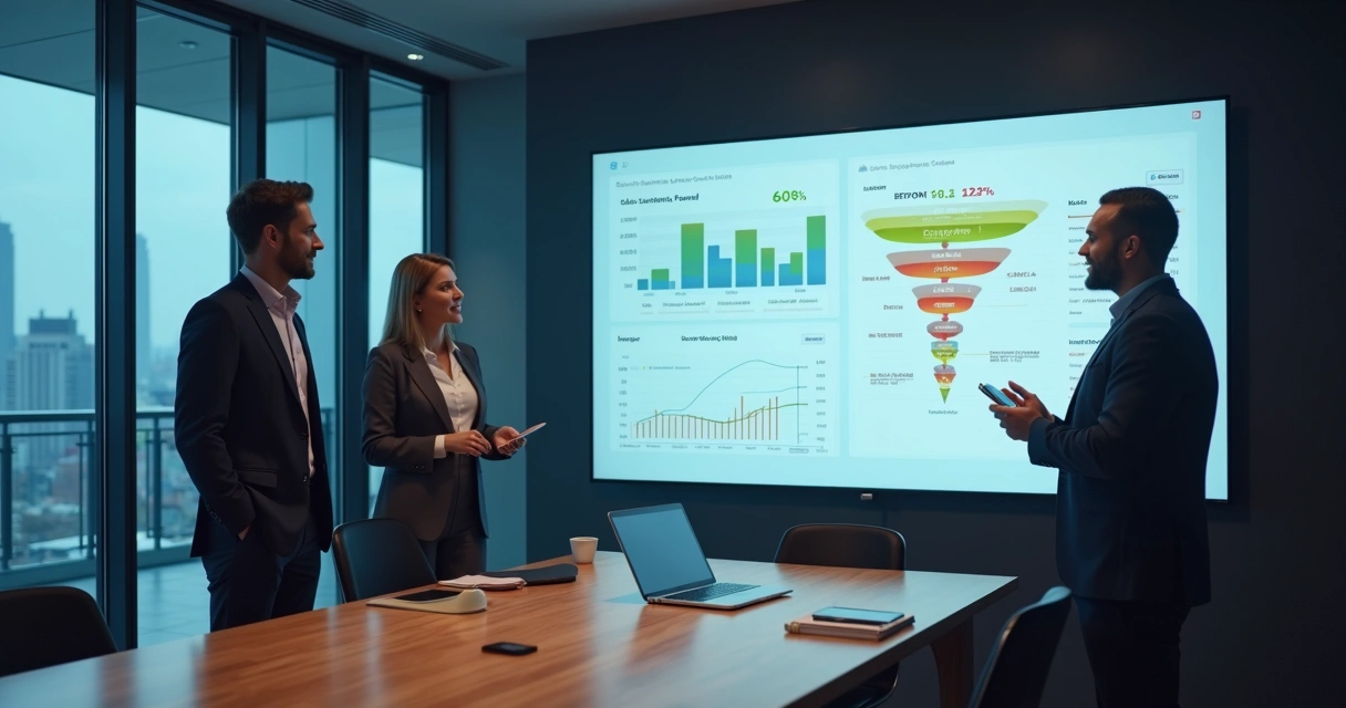 Gestor analisando funil de vendas B2B em tela grande com gargalos e fluxo otimizado