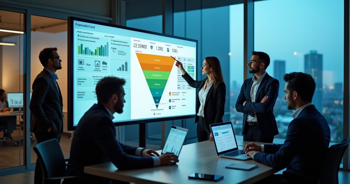 Equipe de vendas B2B analisando funil com gargalos e oportunidades em painel digital