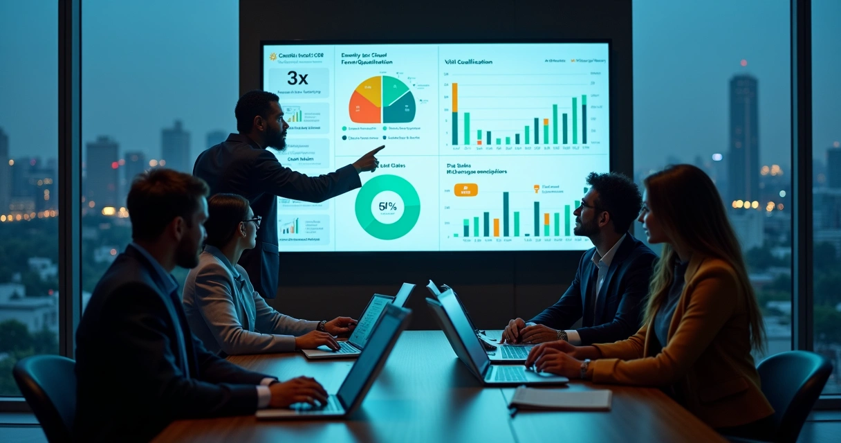 Equipe de vendas B2B analisando leads qualificados em painel digital