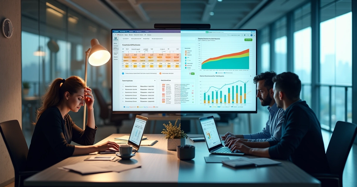 Comparação entre time de vendas travado e operação automatizada com funil visual em tela grande