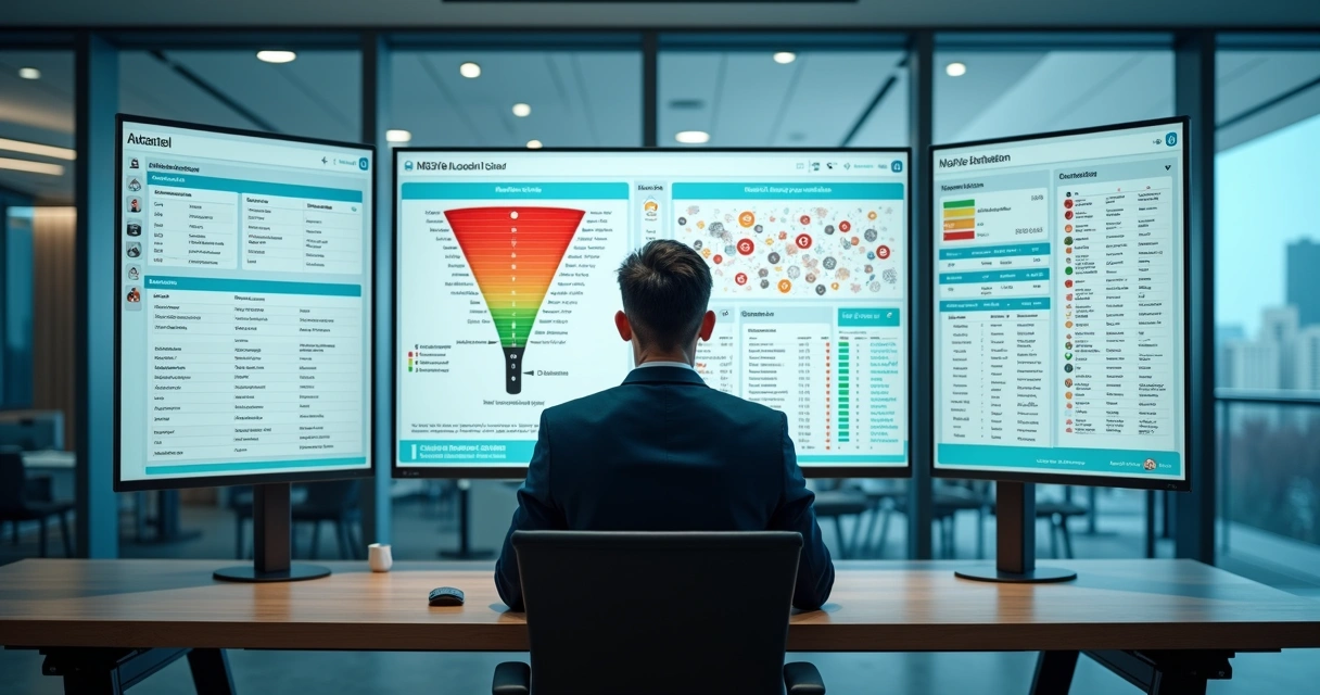 Gestor de vendas B2B analisando funil com gargalos em painel digital