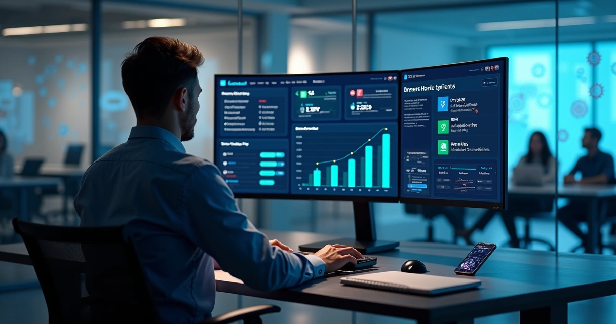 Profissional analisando funil de vendas B2B do LinkedIn em dashboard com correções e automações