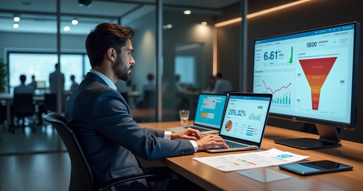 Gestor de marketing analisando muitos leads no notebook com baixa conversão em vendas